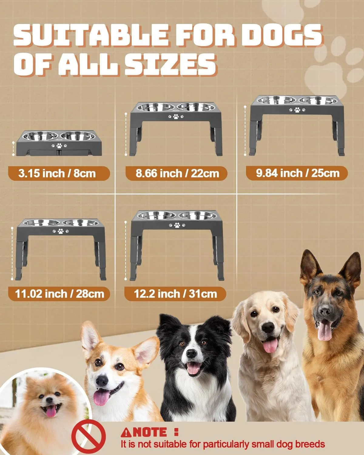 Elevated Dog Bowls, Dog Feeder with 2 Stainless Steel Dishes &1 Slow Feeder Bowl, 5 Heights Adjustable Raised Stand for Medium Large, Food Dishes with Non-Slip Feet