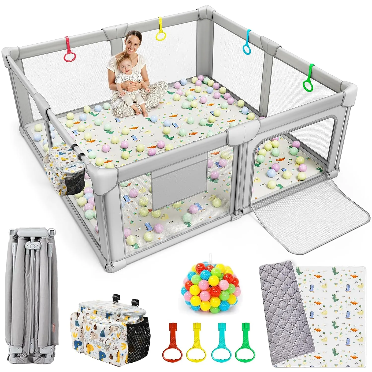 Foldable Playpen with Play Mat, 71x59 Extra Large Foldable Playard with Portable Design, Indoor & Outdoor Fence, Safety PlayYard