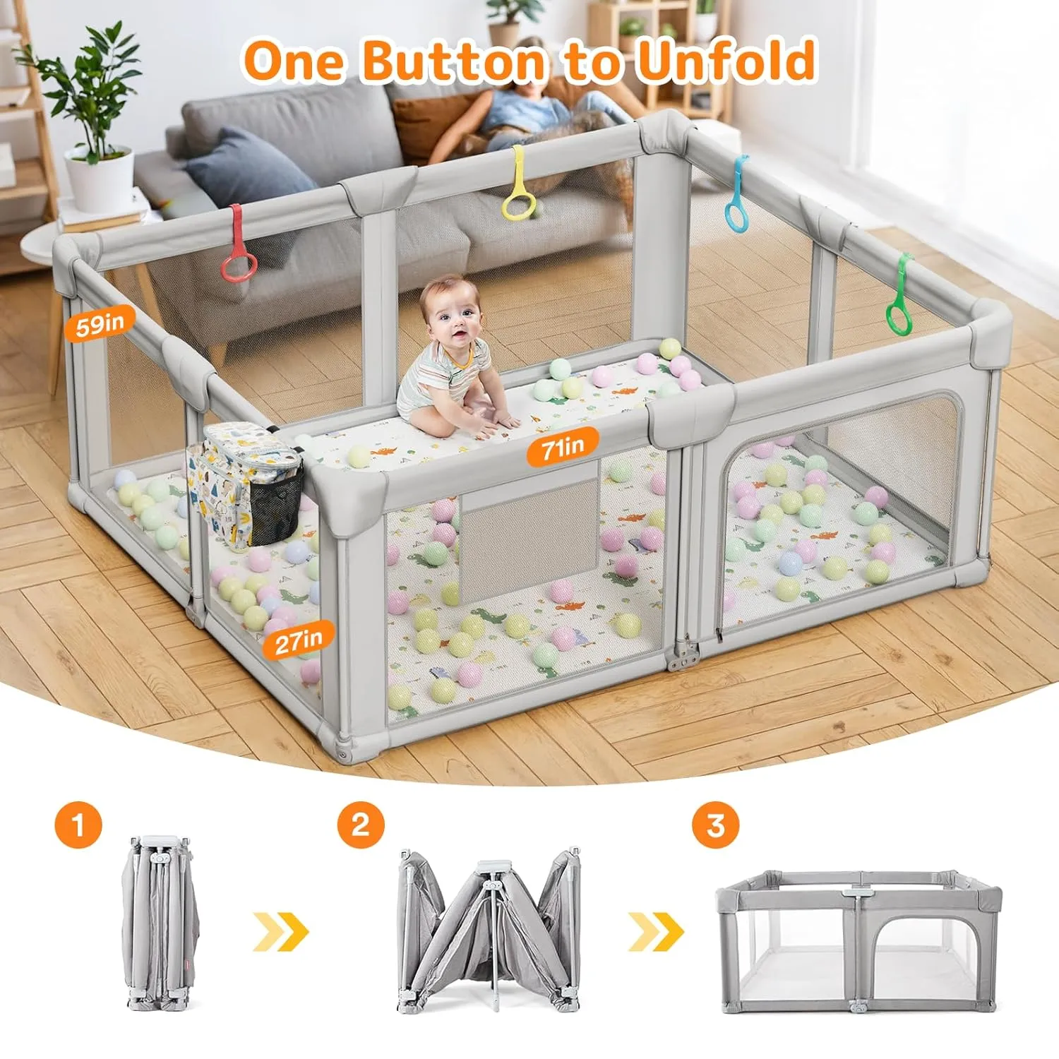 Foldable Playpen with Play Mat, 71x59 Extra Large Foldable Playard with Portable Design, Indoor & Outdoor Fence, Safety PlayYard