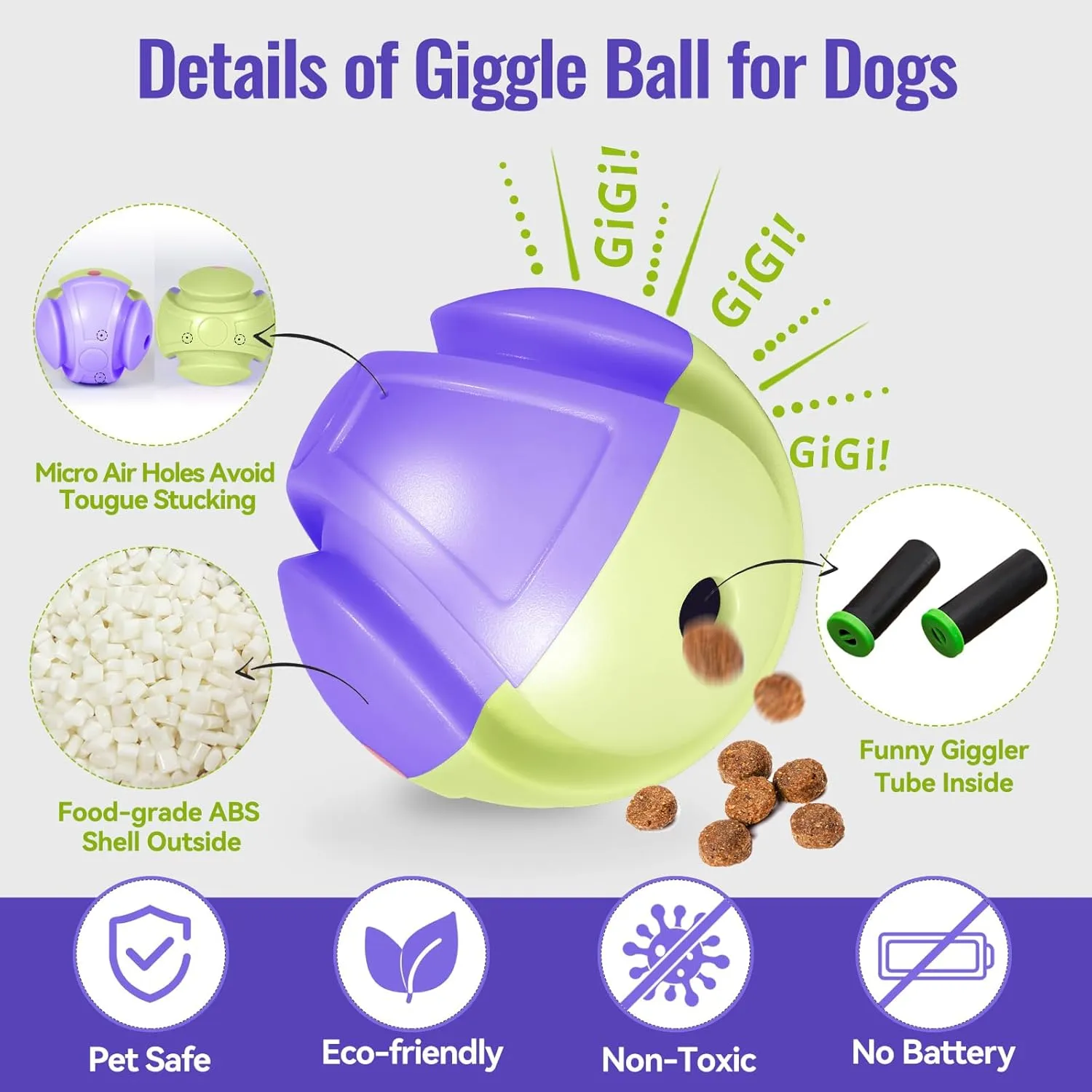 Giggle Ball, Interactive Dog Toy, Giggling Sounds When Rolled or Shaken, ABS Dogs Puzzles Feeder Slow Feeding for/Small/Medium/Large Dogs Purple-Green