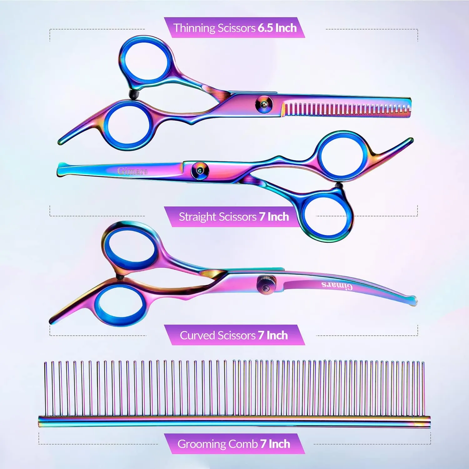Gimars Dog Grooming Scissors Kit Professional 4CR with Safety Round Tip, 5 in 1 Heavy Duty Titanium Coated Thinning & Curved & Straight Shears