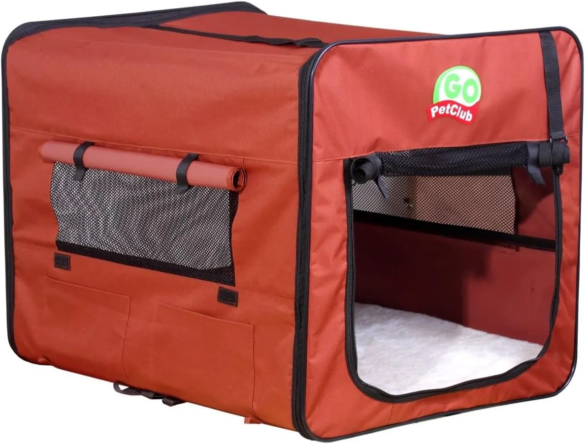 Go Pet Club 25" Soft Collapsible Dog Crate, Portable Pet Carrier, Thick Padded Pet Travel Crate for Indoor & Outdoor, Foldable Kennel Cage with Durable Mesh Windows, Brown