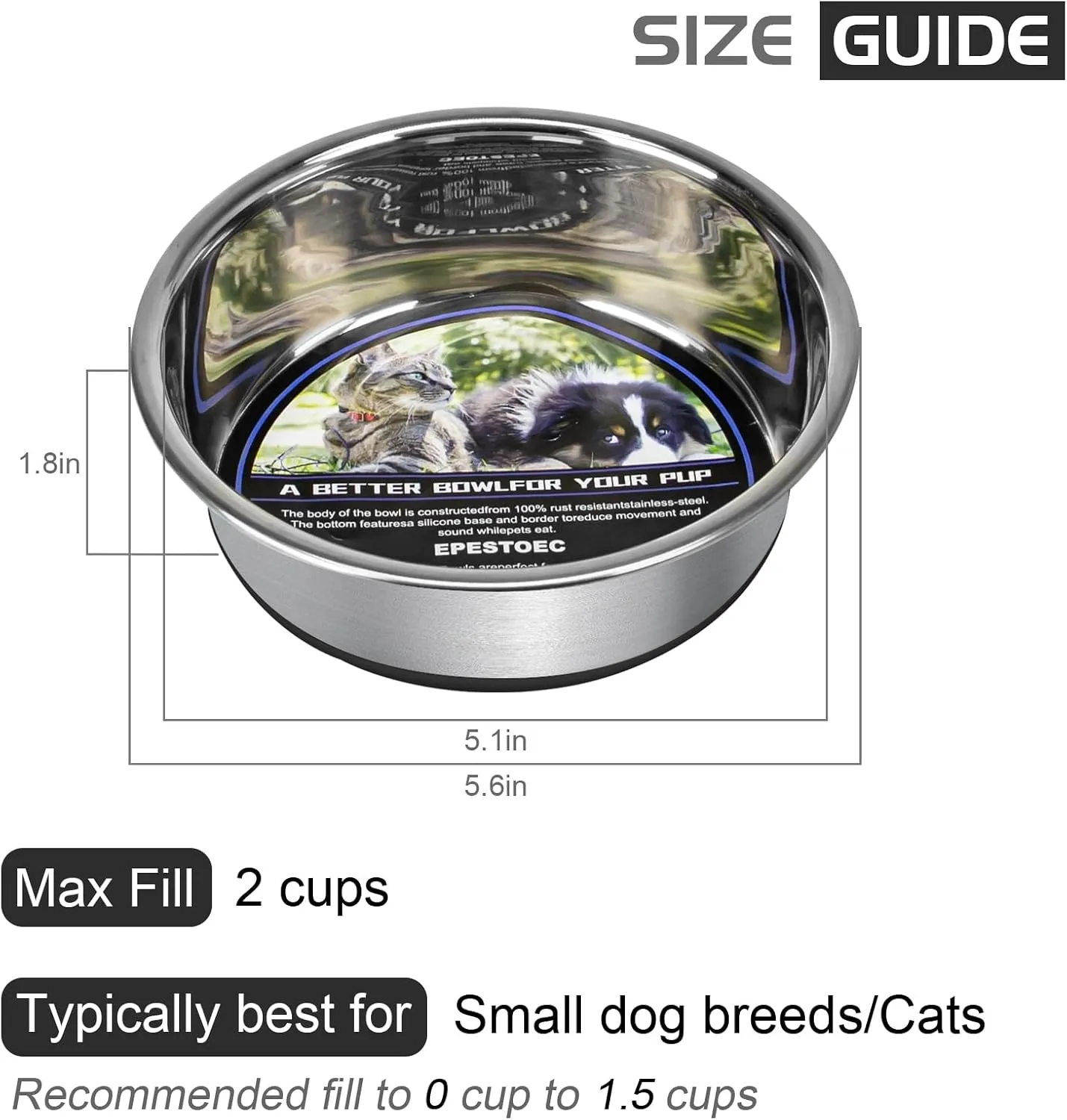 Grehge Steel Anti-Slip Dog Bowls,Non-Slip Stainless Steel Pet Bowl with Foot Mat - Perfect for Mess-Free Mealtime,Quiet Pet Bowls for Cats and Dogs, Dry and Wet Foods,(5.5 inches, 1PCS)