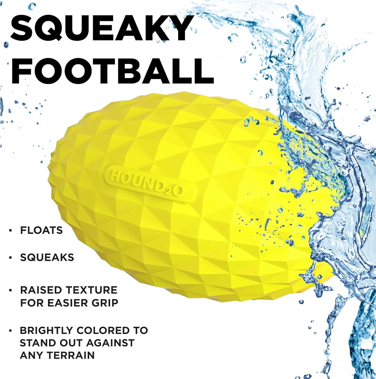 Hound2O Outdoor Dog Toys | Squeaky Football for Dogs, Bright Yellow | Durable Toy That Floats for Water Adventures | Interactive Ball for Dogs Made from Non-Toxic Materials