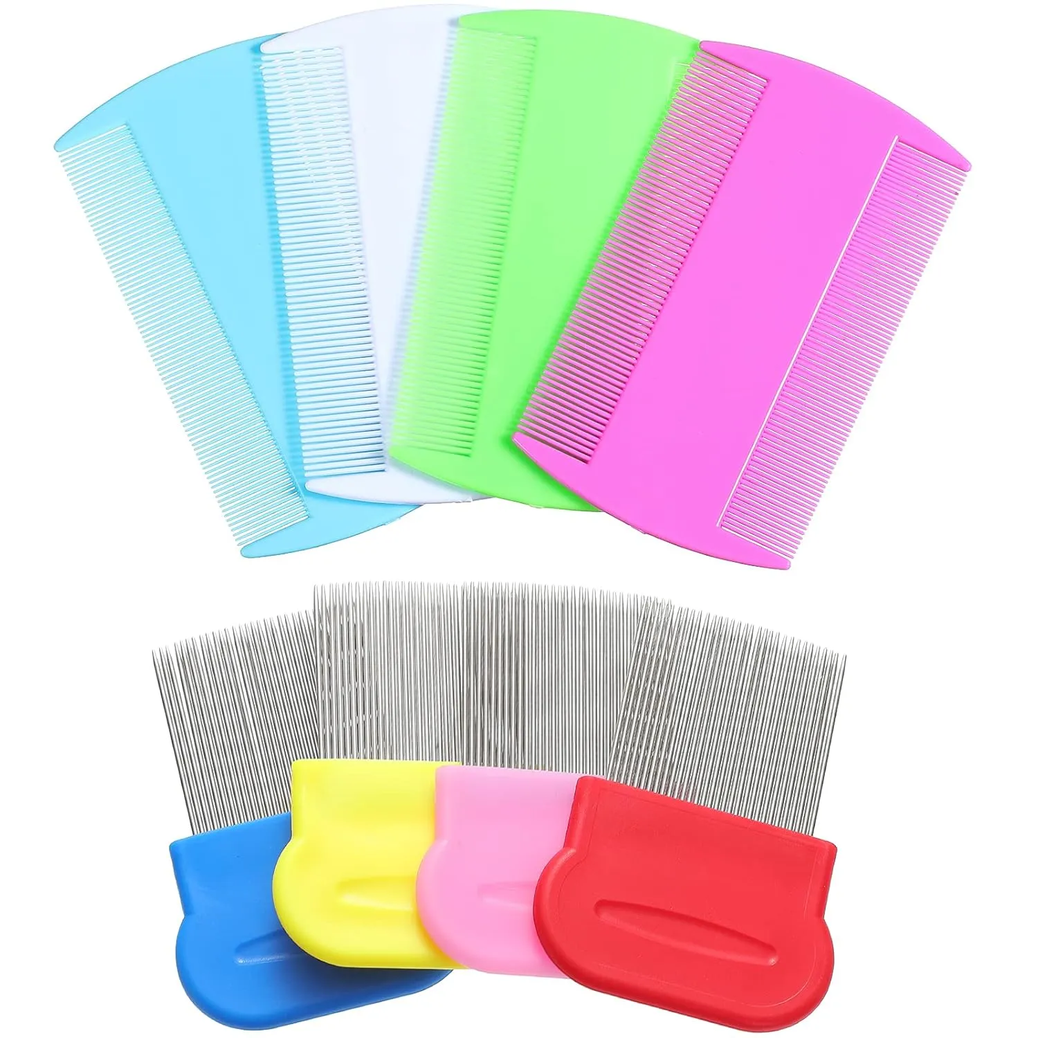 Maitys 8 Pieces Flea Lice Combs Double Sided Lice and Nit Removal Hair Grooming Plastic and Metal Comb for Humans Pets(4 x 2 Inch, 2.24 x 2.24 Inch,Pink, Light Blue, Blue, White, Green, Red, Yellow)