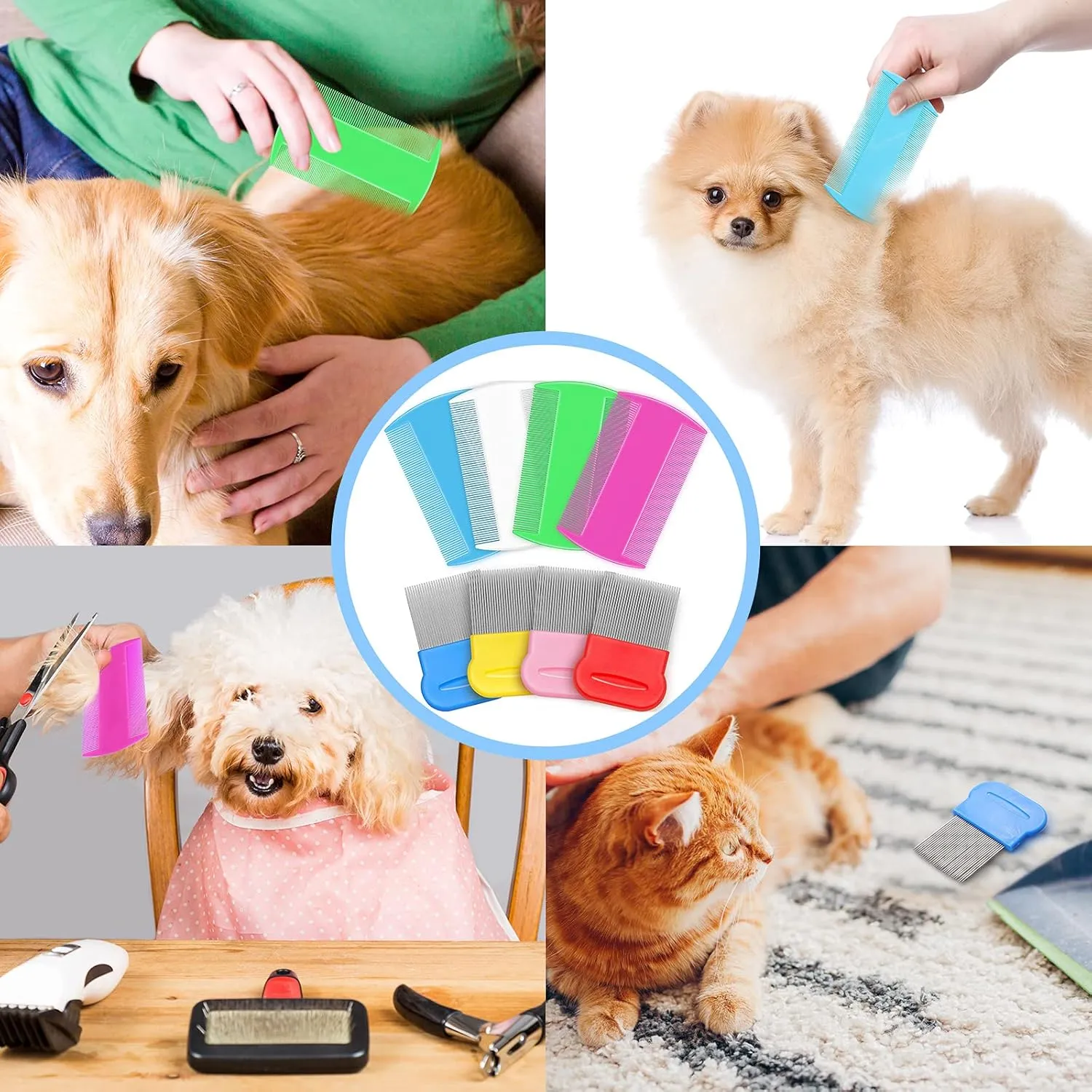 Maitys 8 Pieces Flea Lice Combs Double Sided Lice and Nit Removal Hair Grooming Plastic and Metal Comb for Humans Pets(4 x 2 Inch, 2.24 x 2.24 Inch,Pink, Light Blue, Blue, White, Green, Red, Yellow)