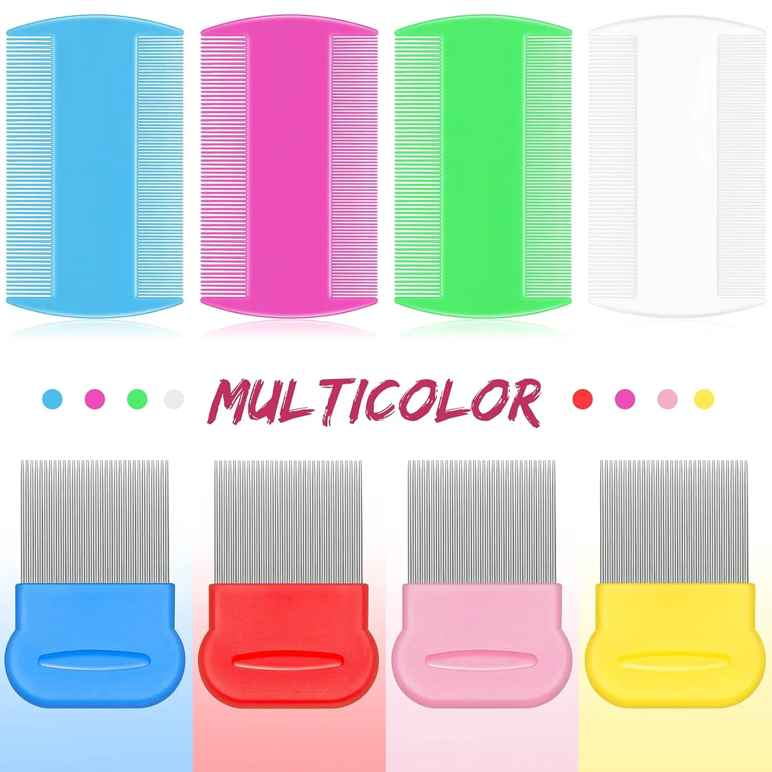 Maitys 8 Pieces Flea Lice Combs Double Sided Lice and Nit Removal Hair Grooming Plastic and Metal Comb for Humans Pets(4 x 2 Inch, 2.24 x 2.24 Inch,Pink, Light Blue, Blue, White, Green, Red, Yellow)