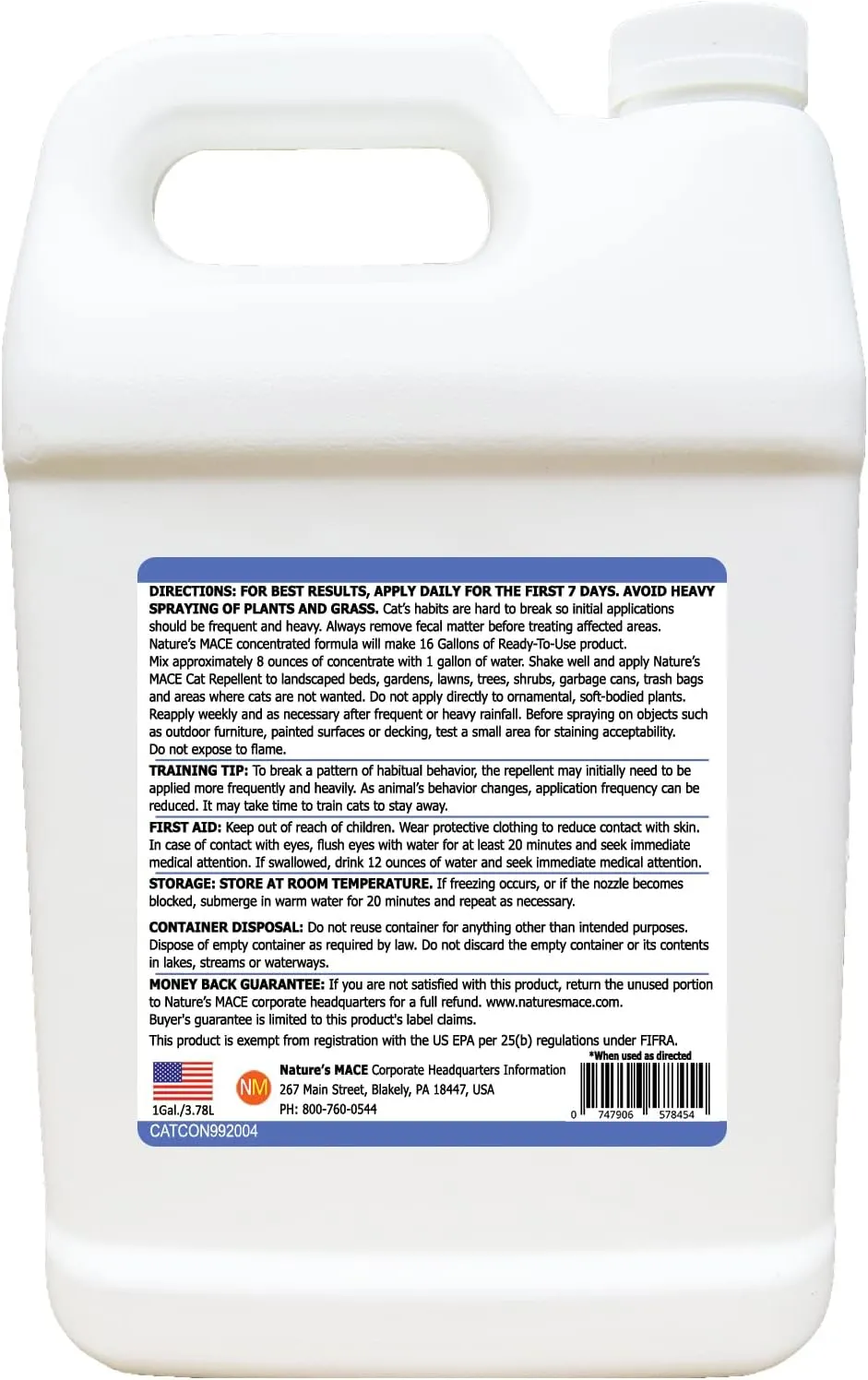 Natures MACE Cat Repellent Spray 1 Gal Concentrate, Treats 48,000 Sq Ft, Cat Repellent Outdoor Spray, Indoor Spray, Keep Cats Out, Train Your Cat to Stay Out, Cat Training Tool, Cat Scratch Deterrent