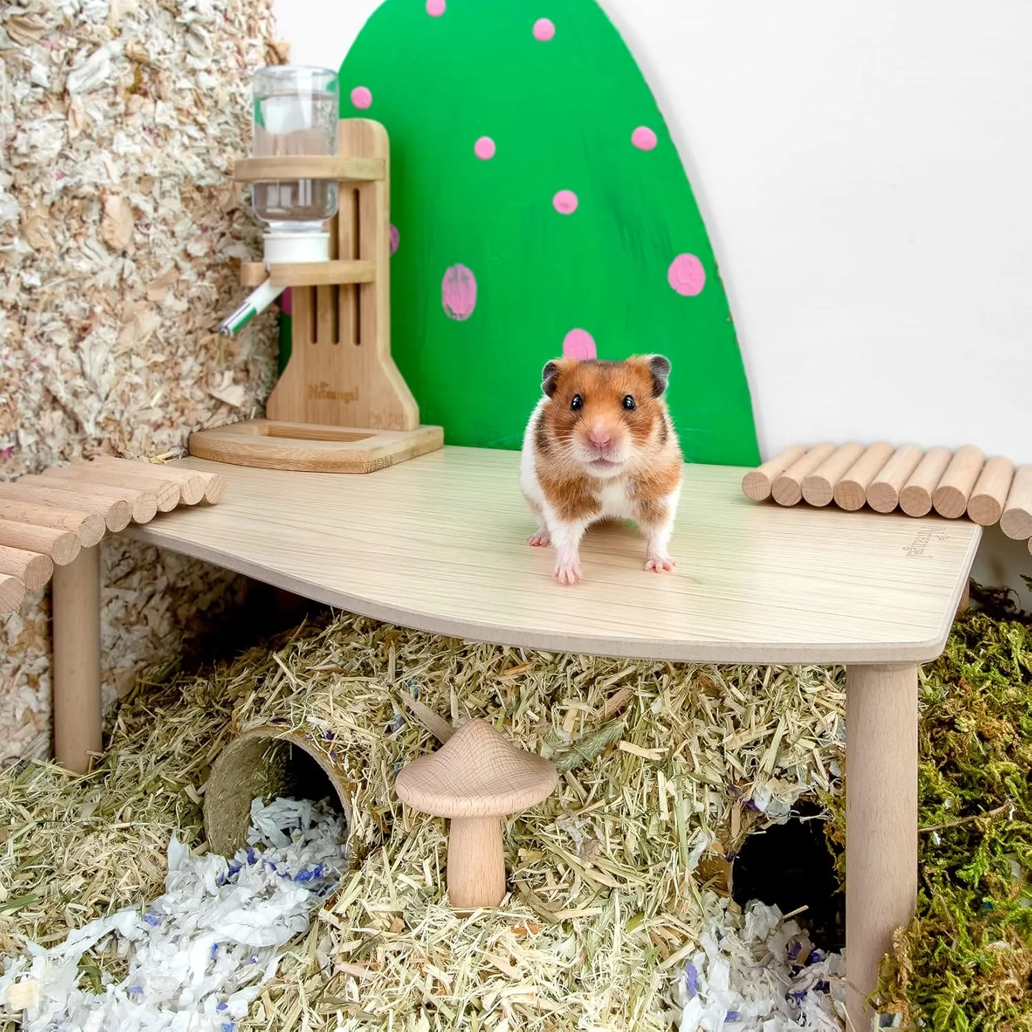 Niteangel Hamster Play Wooden Platform for Dwarf Syrian Hamsters Gerbils Mice Degus or Other Small Pets (Wave - 7'' Height, Burlywood)