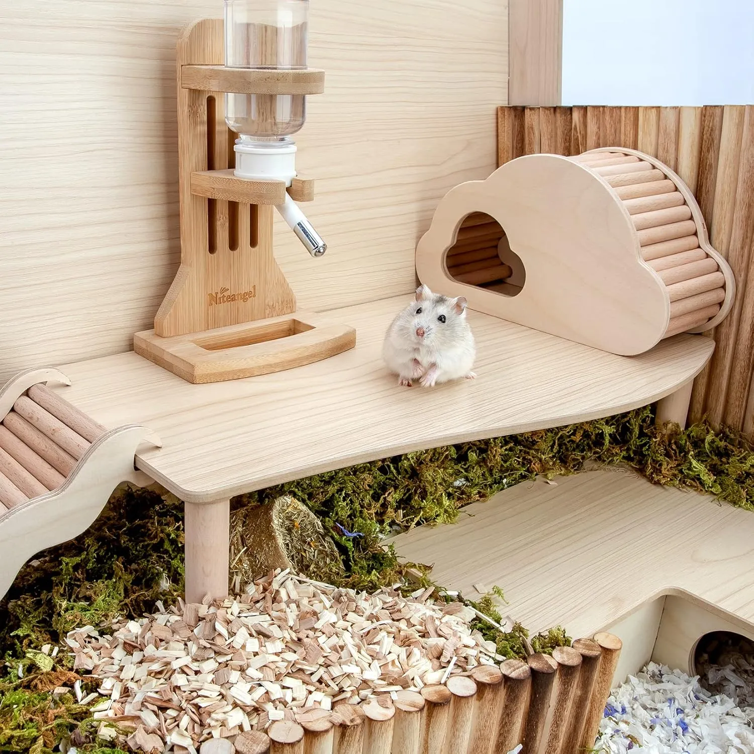 Niteangel Hamster Play Wooden Platform for Dwarf Syrian Hamsters Gerbils Mice Degus or Other Small Pets (Wave - 7'' Height, Burlywood)