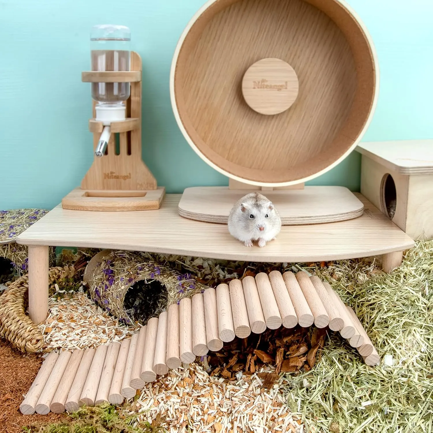 Niteangel Hamster Play Wooden Platform for Dwarf Syrian Hamsters Gerbils Mice Degus or Other Small Pets (Wave - 7'' Height, Burlywood)