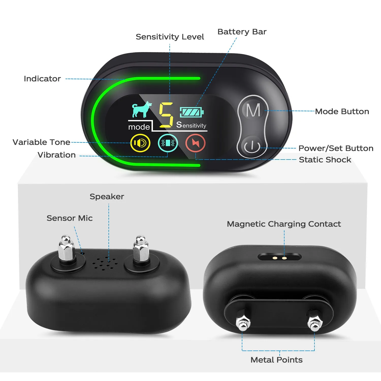 Pet Life ® Digi-Bark LED 5-Level Sensitivity and 6-Step Automated Beep Vibration and Stimulation Anti-Bark Dog Collar