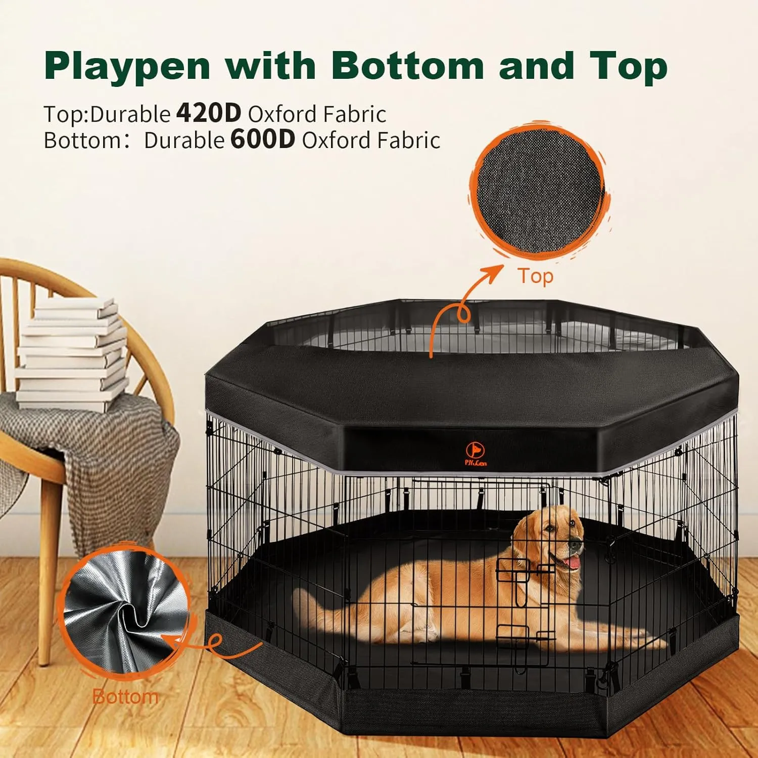 PJYuCien Dog Playpen - Metal Foldable Dog Exercise Pen, Pet Fence Puppy Crate Kennel Indoor Outdoor with 8 Panels 24H & Top Cover and Bottom Pad for Small Medium Pets