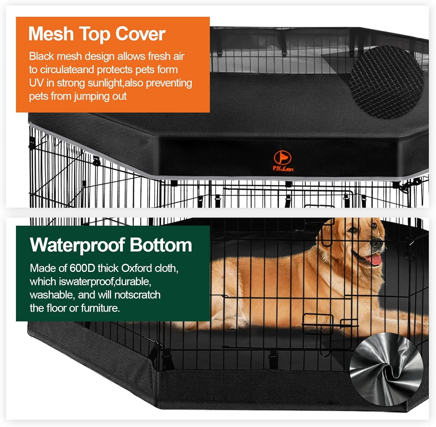 PJYuCien Dog Playpen - Metal Foldable Dog Exercise Pen, Pet Fence Puppy Crate Kennel Indoor Outdoor with 8 Panels 24H & Top Cover and Bottom Pad for Small Medium Pets