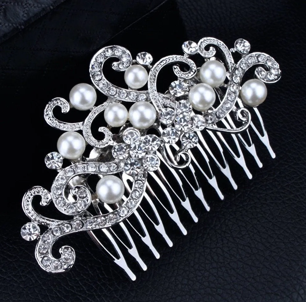 "Florence" - Pearl and Crystal Bridal Hair Comb - Available in Silver and Gold