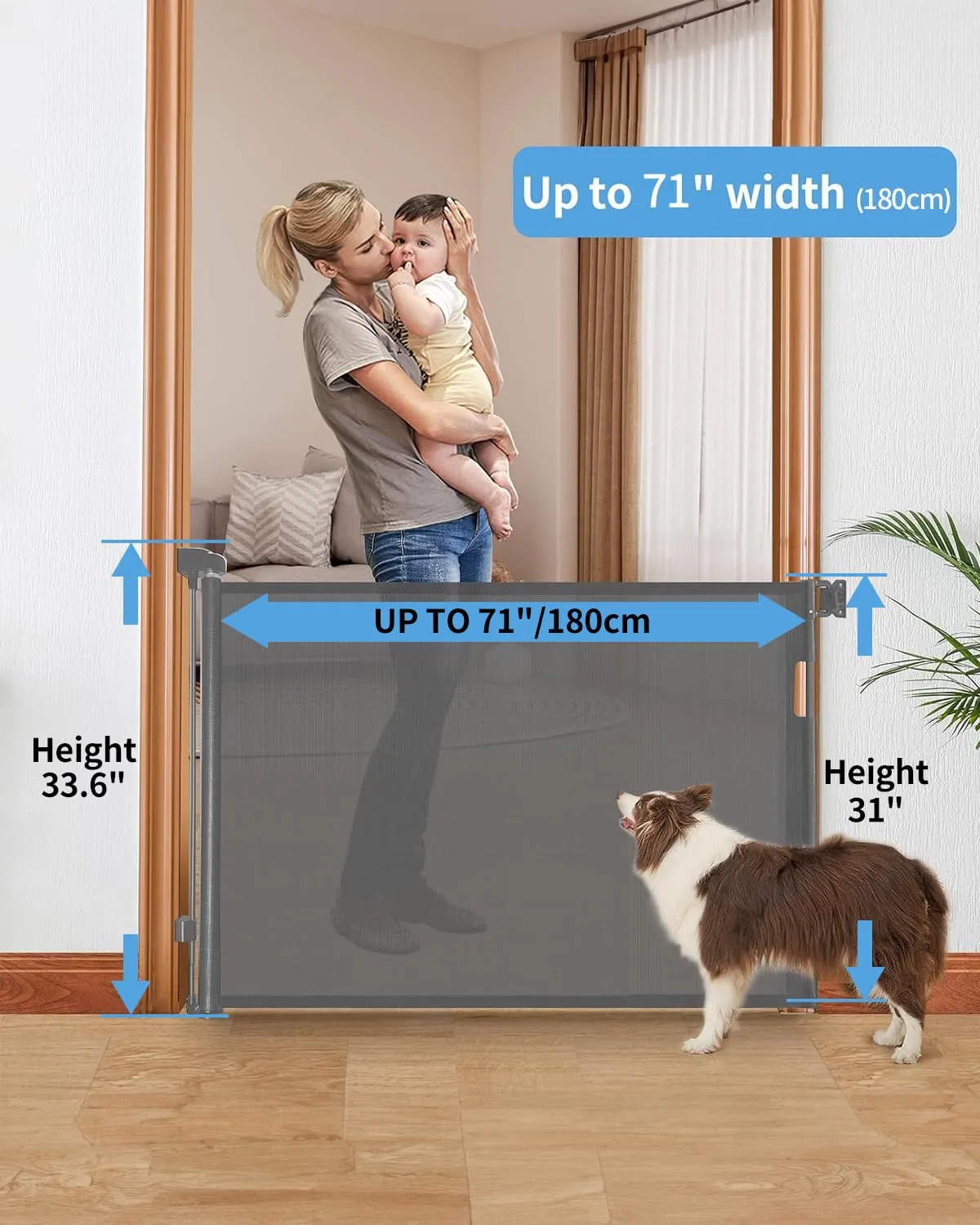 Retractable Baby Gate,Mesh Baby Gate or Mesh Dog Gate,33" Tall,Extends up to 55" Wide,Child Safety Gate for Doorways, Stairs, Hallways, Indoor/OutdoorGrey,33"x55"