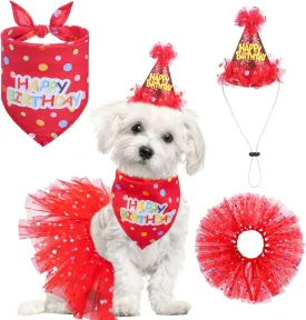 SCENEREAL Dog Birthday Bandana with Hat and Dress Girl Set, Puppy Birthday Party Supplies, Cute Tutu Skirt Red Outfit for Small Medium Large Dogs
