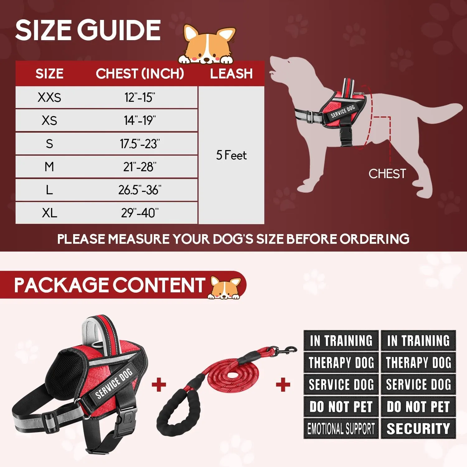 Service Dog Vest Harness and Leash Set, Animire in Training Dog Harness with 10 Dog Patches, Reflective Dog Leash with Soft Padded Handle for Small, Medium, Large, and Extra-Large Dogs