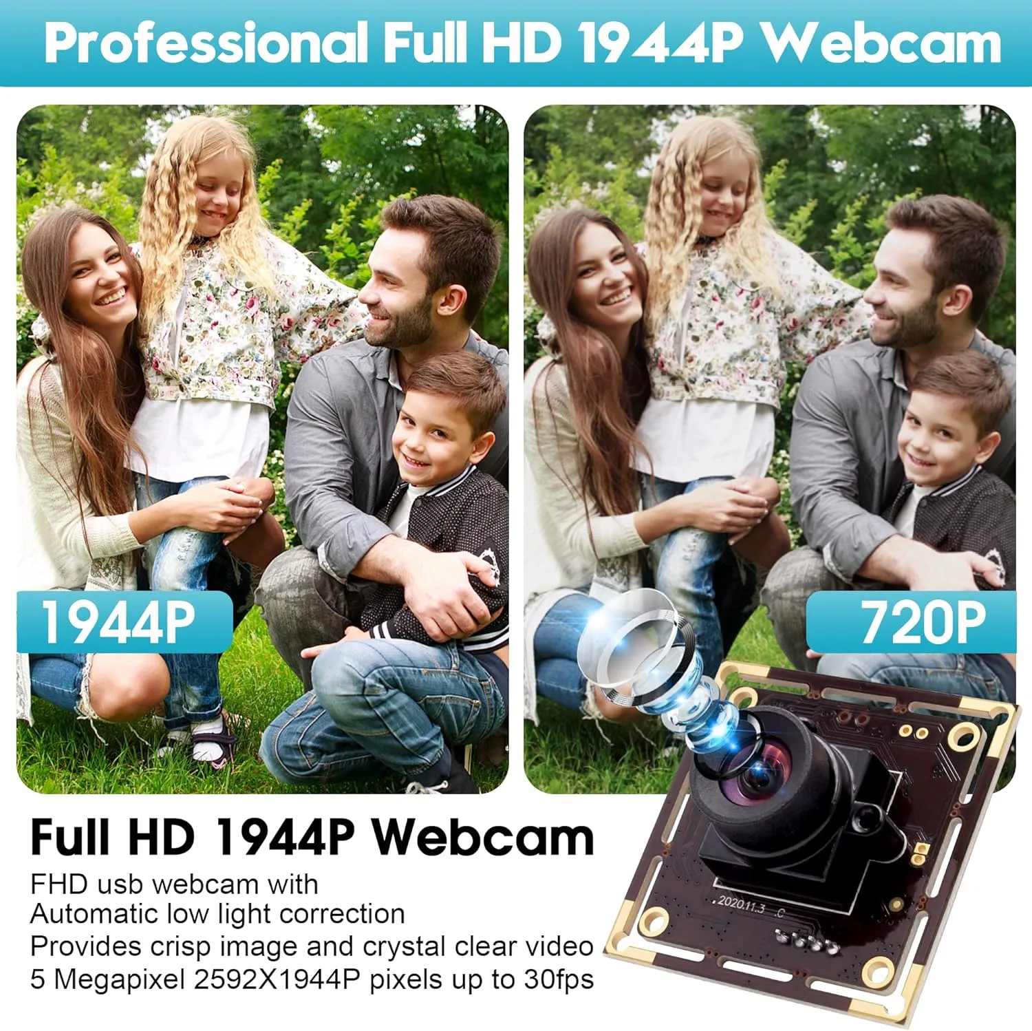 USB Camera 5MP Webcam with 100 Degree No Distortion Lens Camera Module for Raspberry Pi Camera UVC USB2.0 Video Lightburn Webcam Board Plug and Play for Windows, Linux, Android and Mac OS