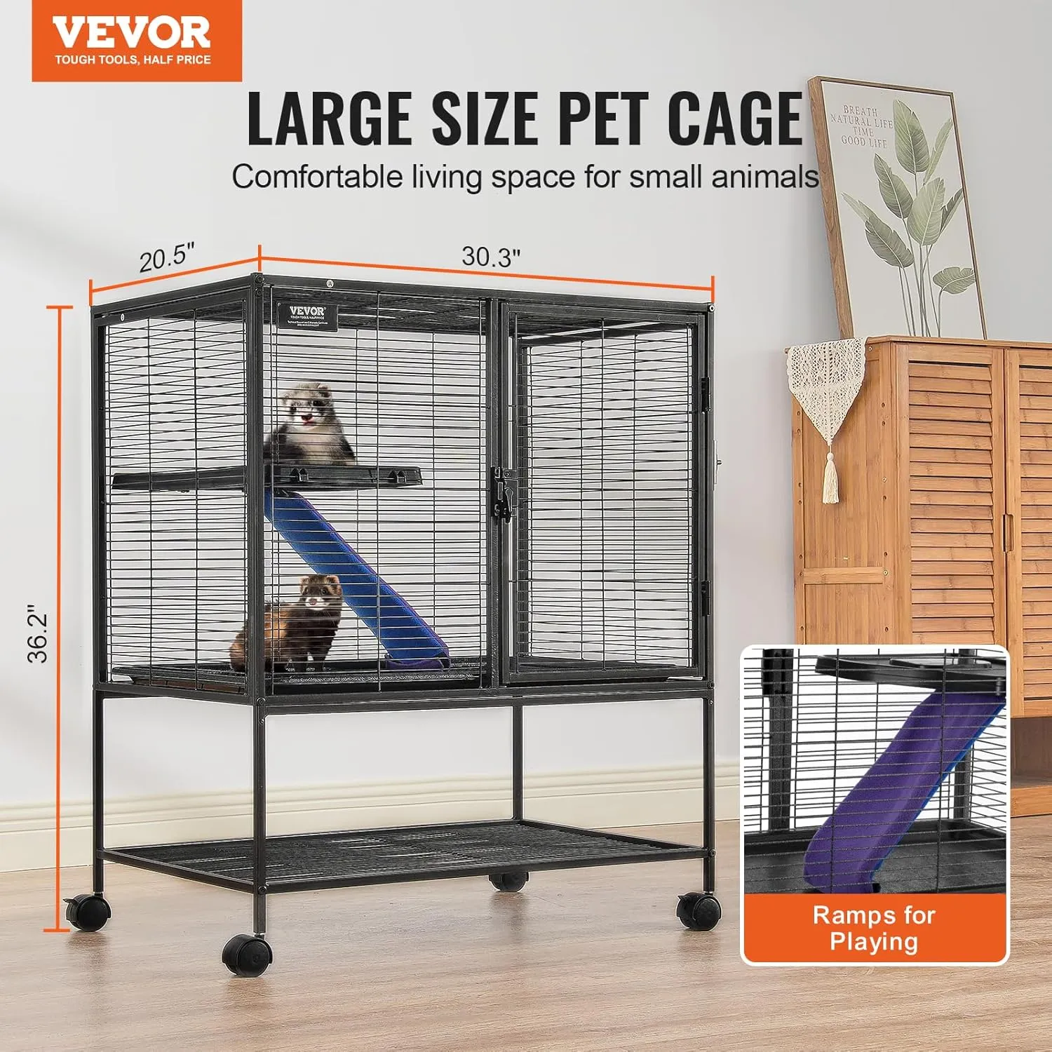 VEVOR 36" Rolling Metal Ferret Cage, Large 2-Tier Critter Nation Cage, Small Animal Cage with Ramps & Tray, Easy to Set up for Pet Mice, Hamster, Guinea Pig, Chinchilla, Squirrel, Hedgehogs, Bunny