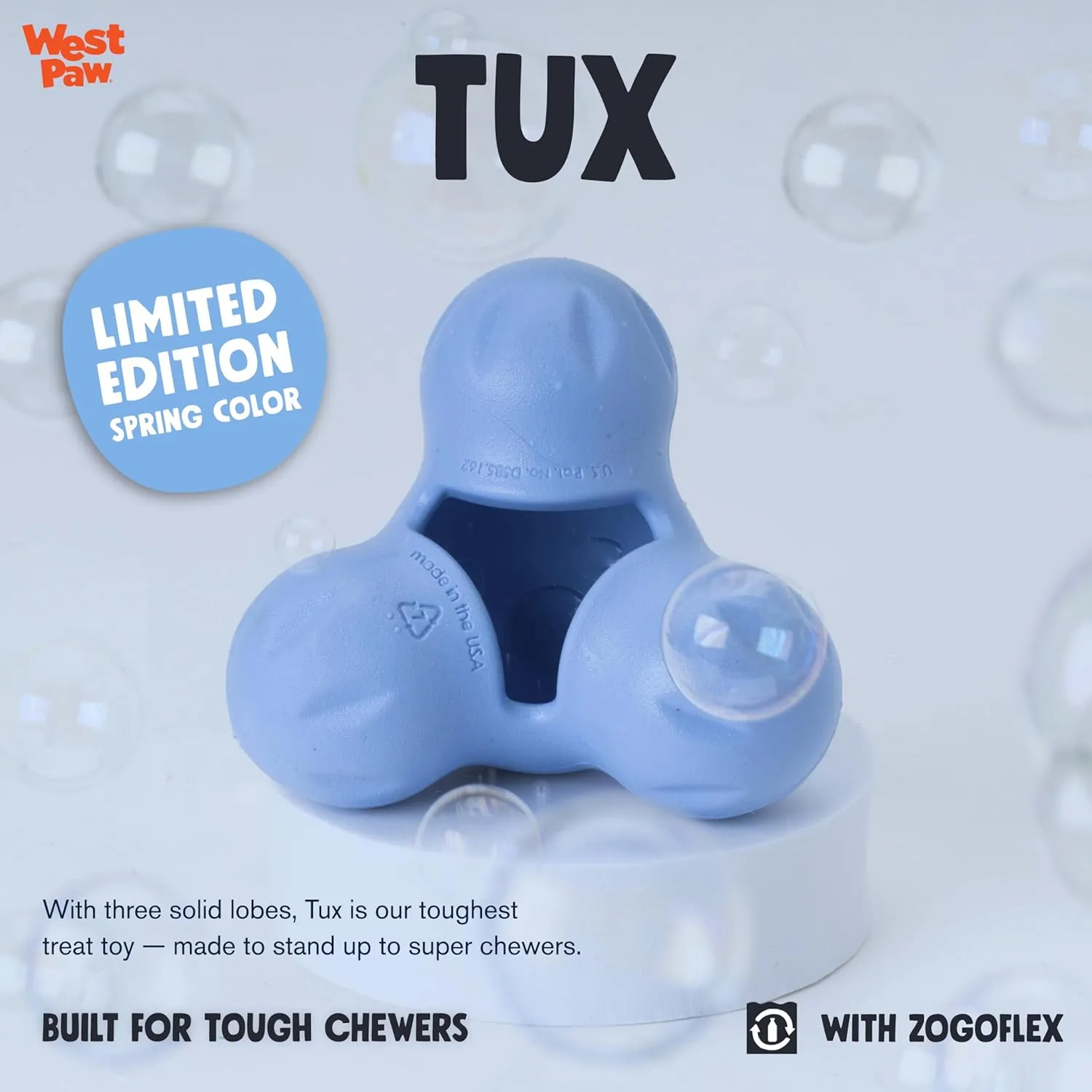 WEST PAW Zogoflex Tux Treat Dispensing Dog Chew Toy  Interactive Chewing Toy for Dogs  Dog Games for Aggressive Chewers, Fetch, Catch  Holds Kibble, Treats, Small 4",Periwinkle